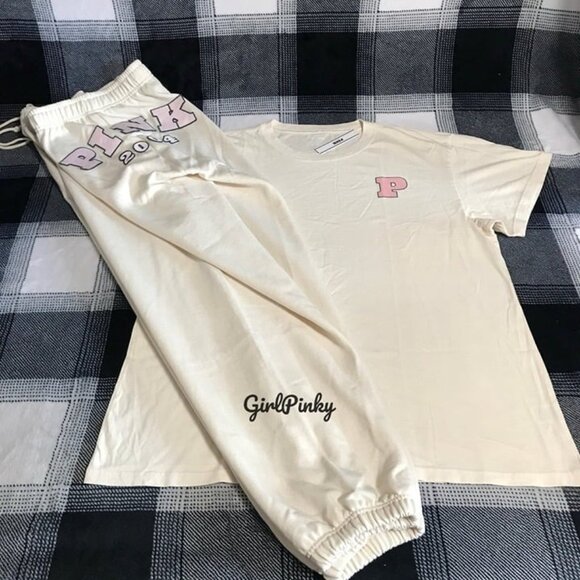 VS PINK SWEATPANTS OUTFIT & LOGO TEE IN WHITE SHELL LIMITED EDITION SIZE 2XL - Picture 2 of 11